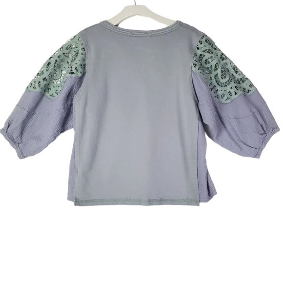 GIMMICK BKE Womens Blouse Medium Pieced Lace Pigeon Gray/Blue Green Cottage Slub - Picture 3 of 13